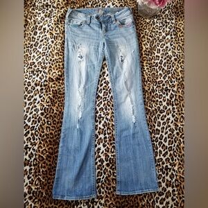 Y2K Silver Brand Blue Flare Wide Leg Distressed Jeans